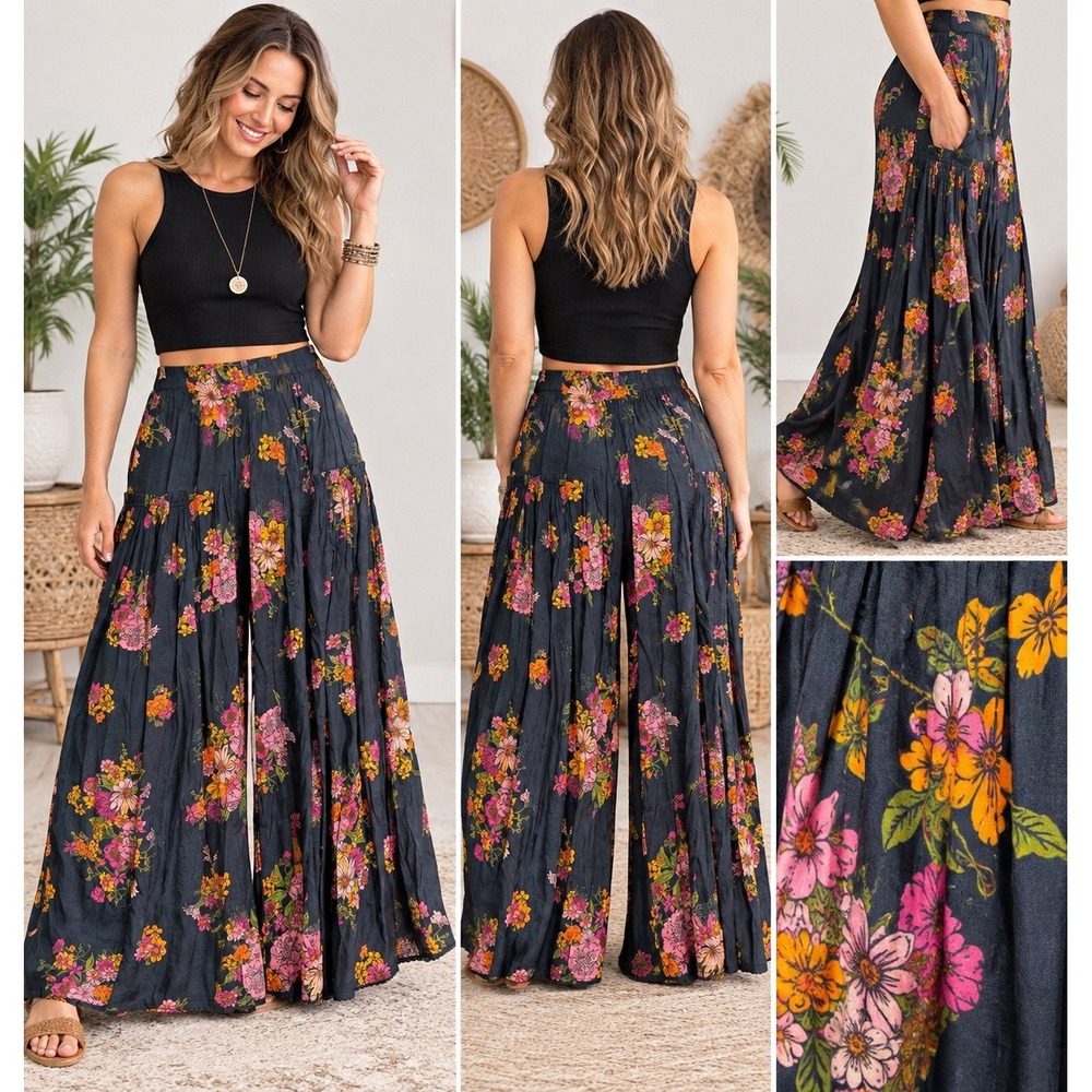 Natural Life Size M Floral Palazzo Pants Boho Wide Leg Tiered - Flowy Festival